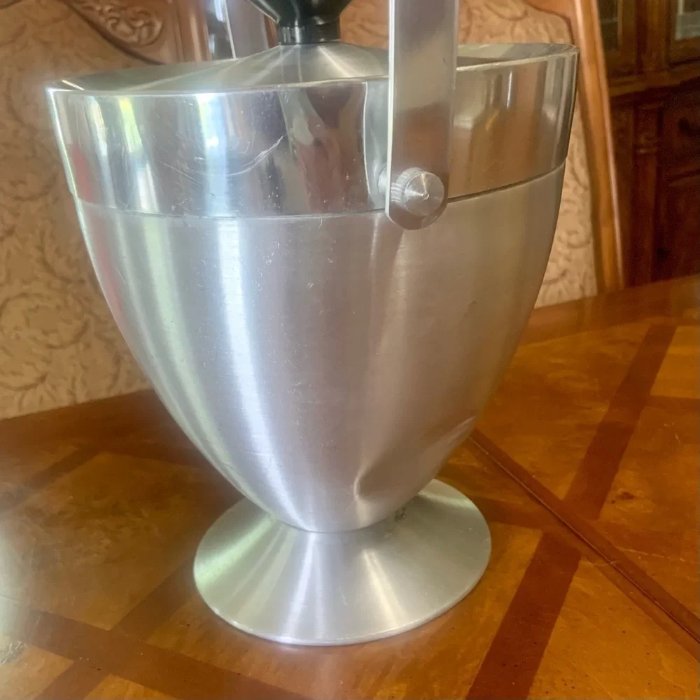 Vintage Mid Century Modern Brushed Stainless Steel Ice Bucket & Strainer